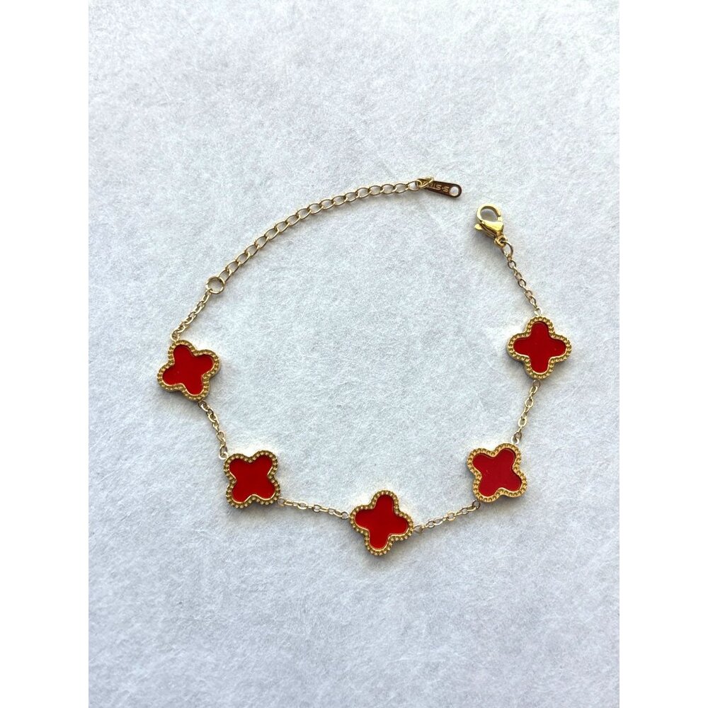 Red Flower Gold-Plated Bracelet With Adjustable Chain